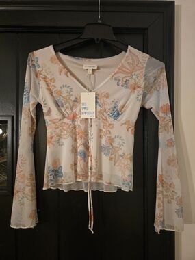 See You Monday Pastel Floral V-Neck Long Sleeve Tie-Front Top